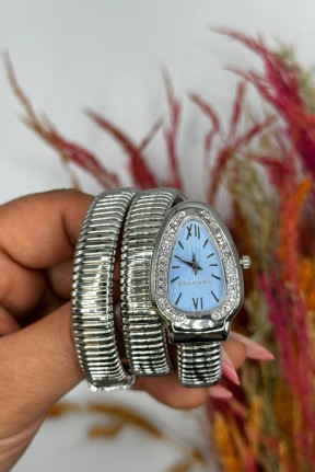 Bvlgari gümüş Mavi Kadran Yılan Saat S607 Bvlgari gümüş Mavi Kadran Yılan Saat S607