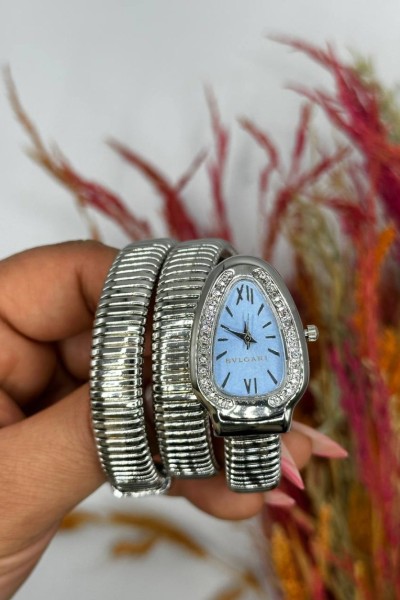 Bvlgari gümüş Mavi Kadran Yılan Saat S607 Bvlgari gümüş Mavi Kadran Yılan Saat S607