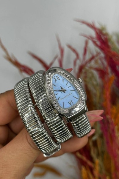 Bvlgari gümüş Mavi Kadran Yılan Saat S607 Bvlgari gümüş Mavi Kadran Yılan Saat S607