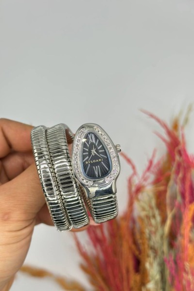 Bvlgari Gümüş Siyah Kadran Yılan Saat S617 Bvlgari Gümüş Siyah Kadran Yılan Saat S617
