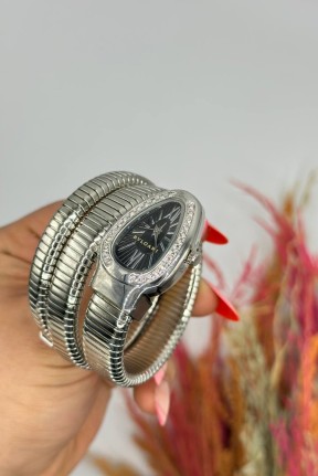 Bvlgari Gümüş Siyah Kadran Yılan Saat S617 Bvlgari Gümüş Siyah Kadran Yılan Saat S617