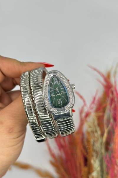 Bvlgari Gümüş Yeşil Kadran Yılan Saat  S619