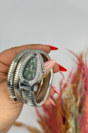 Bvlgari Gümüş Yeşil Kadran Yılan Saat  S619