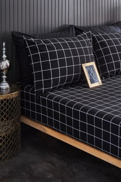 Ricco LifesSiyah Ekoseli Çift Kişilik Lastikli Çarşaf 2 Yastık Kılıfı 160x200